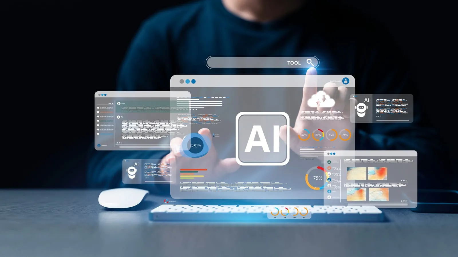 Persoană la computer în fața unor ferestre holografice ale unui asistent de inteligență artificială
